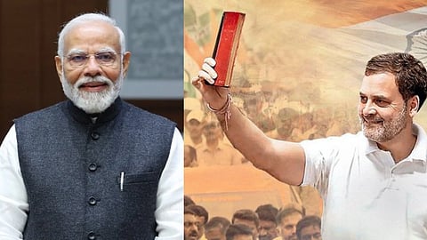 एक तरफ राहुल गांधी भारतीय संविधान हाथ में लिए हुए और दूसरी तरफ नरेंद्र मोदी