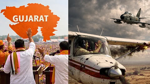 एक तरफ गुजरात की रैली का दृश्य है और दूसरी तरफ आसमान में लड़ाकू विमान के पास संकट में फंसा एक छोटा विमान दिखाई दे रहा है।