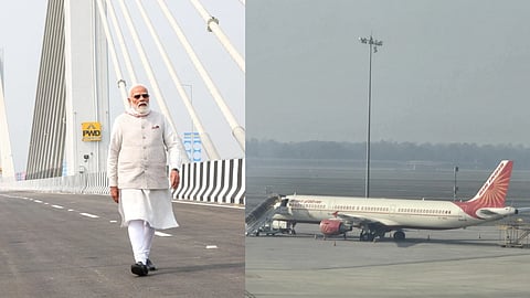 भारत के प्रधानमंत्री नरेंद्र मोदी एक आधुनिक पुल पर चलते हुए; साथ में एयरपोर्ट पर खड़ा एयर इंडिया का विमान दिखाई दे रहा है।