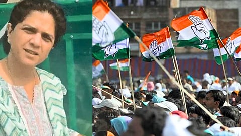 बाईं ओर एक महिला का क्लोज़-अप फोटो और दाईं ओर भीड़ के बीच लहराते हुए कांग्रेस पार्टी के झंडे दिखाई दे रहे हैं।