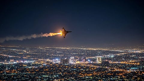 हवा में उड़ता फाइटर जेट, और नीचे घरों पर जलते लाइट नज़र आ रहे हैं।