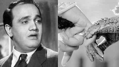 तस्वीर के एक हिस्से में एक आदमी का काले-सफेद फोटो है और दूसरे हिस्से में शादी के दौरान अंगूठी पहनाते हुए हाथ दिख रहे हैं।