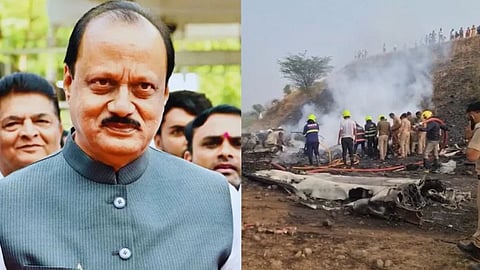 महाराष्ट्र के नेता अजित पवार की तस्वीर के साथ बारामती लियरजेट विमान हादसे के मलबे की जांच करते बचावकर्मी।