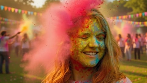 एक महिला होली के दौरान रंगों से सना चेहरा लिए मुस्कुरा रही है, आसपास लोग रंग खेलते दिखाई दे रहे हैं।