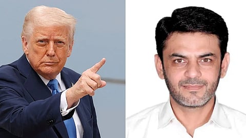 पूर्व अमेरिकी राष्ट्रपति डोनाल्ड ट्रंप सार्वजनिक कार्यक्रम के दौरान उंगली से इशारा करते हुए, साथ में एक दाढ़ी वाले व्यक्ति की साधारण तस्वीर।