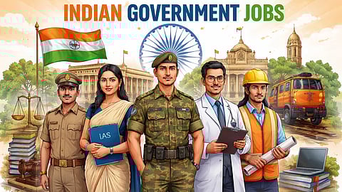 भारत में विभिन्न सरकारी नौकरियों जैसे पुलिस, IAS, सेना, डॉक्टर और इंजीनियर को दर्शाती चित्र।