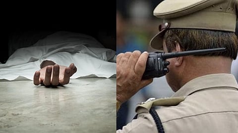 जमीन पर सफेद चादर से ढका शव और पास में वॉकी-टॉकी पर बात करता पुलिसकर्मी