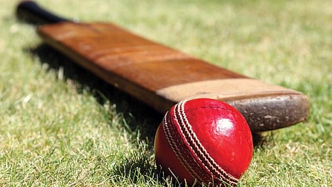 घास के मैदान पर रखा क्रिकेट बैट और सामने लाल रंग की क्रिकेट गेंद।