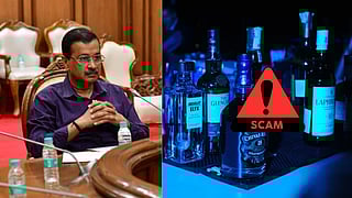 दिल्ली के मुख्यमंत्री अरविंद केजरीवाल की बैठक की तस्वीर के साथ शराब की बोतलें और स्कैम का चिन्ह दिखता हुआ।