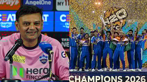 हेमंग बदानी प्रेस कॉन्फ्रेंस में बोलते हुए, वहीं दूसरी ओर भारतीय क्रिकेट टीम टी20 वर्ल्ड कप 2026 की ट्रॉफी जीतने के बाद जश्न मनाते हुए।