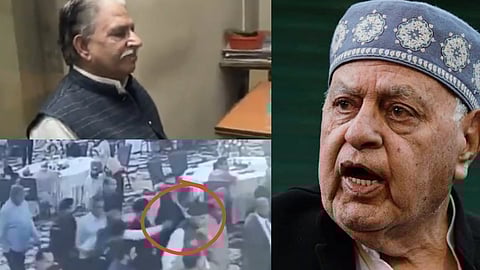 फारूक अब्दुल्ला की तस्वीर और कार्यक्रम के दौरान फायरिंग की घटना से जुड़ा सीसीटीवी दृश्य दिखाता हुआ।