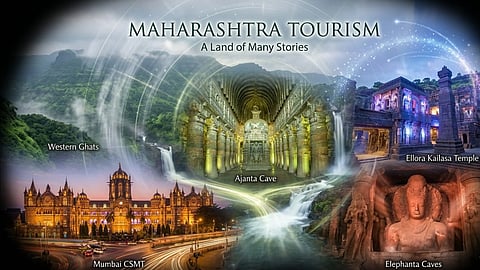 महाराष्ट्र में घूमने वाली 5 अलग-अलग जगहों की तस्वीर, ऊपर महाराष्ट्र टूरिज्म लिखा है।