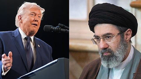 अमेरिका के पूर्व राष्ट्रपति डोनाल्ड ट्रंप और ईरान के सर्वोच्च नेता मोजतबा खामेनेई की तस्वीर, जो दोनों देशों के बीच बढ़ते तनाव को दर्शाती है।