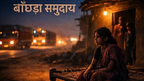 सड़क के किनारे खाट पर बैठी लड़की।