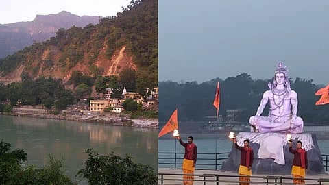 बाईं ओर गंगा नदी के किनारे बसे ऋषिकेश का शांत दृश्य है। दाईं ओर नदी के तट पर स्थापित भगवान शिव की विशाल सफेद प्रतिमा है