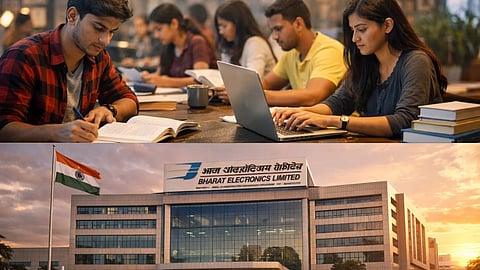 पढ़ाई करते छात्र और भारत इलेक्ट्रॉनिक्स लिमिटेड (BEL) कार्यालय की बिल्डिंग