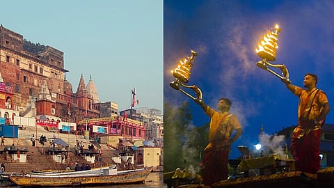 बाईं ओर वाराणसी के ऐतिहासिक घाट और किनारे लगी नावें दिख रही हैं, और दाईं ओर शाम के समय दो पुजारी हाथों में जलते हुए बड़े दीपदान लेकर प्रसिद्ध गंगा आरती कर रहे हैं।