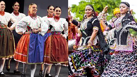 यूरोपीय और भारतीय पारंपरिक लोक नृत्य का प्रदर्शन करता एक सांस्कृतिक तस्वीर