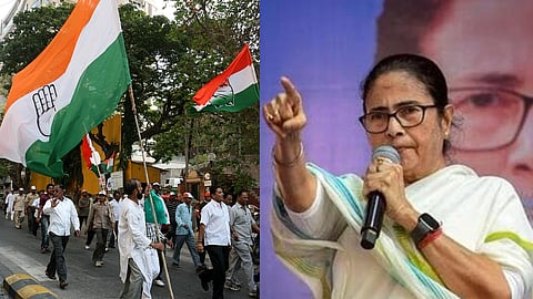 दाईं ओर ममता बनर्जी का फोटो है, जिसमें वे माइक पकड़कर बोलते हुए और उंगली से इशारा करते हुए दिख रही हैं जबकि बाई ओर कांग्रेस पार्टी का झंडा है।