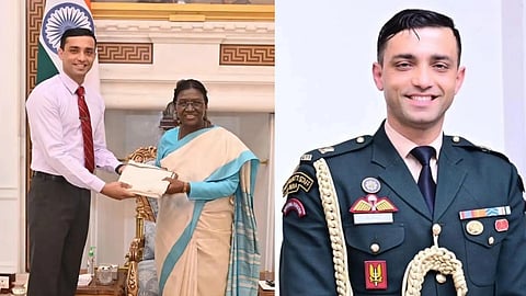 इस तस्वीर में भारतीय सेना के मेजर ऋषभ सांब्याल और भारत की राष्ट्रपति द्रौपती मुर्मू हैं