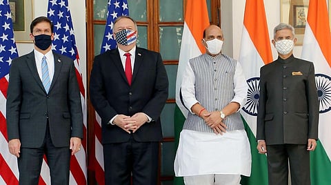 केंद्रीय रक्षा मंत्री, राजनाथ सिंह और विदेश मंत्री सुब्रह्मण्यम जयशंकर, अमेरिकी रक्षा सचिव, डॉ मार्क टी थिसॉरस और अमेरिकी विदेश मंत्री, माइक पोम्पियो।(फाइल फोटो)