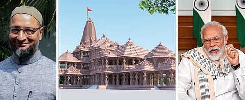 ओवैसी ने ट्वीट कर कहा है कि , प्रधानमंत्री मोदी का भूमि पूजन में जाना, संविधान व धर्मनिरपेक्षता के शपथ का अपमान होगा।(Image: Twitter & Wikimedia Commons)