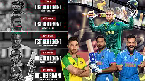വിരാട് കോഹ്ലി, രോഹിത് ശർമ, ആഞ്ചലോ മാത്യൂസ് എന്നിവർ മെയ് മാസത്തിലാണ് ടെസ്റ്റ് ക്രിക്കറ്റിൽ നിന്ന് വിരമിക്കൽ പ്രഖ്യാപിച്ചത്.
