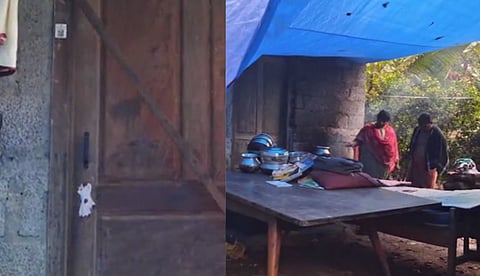 വീടിനോട് ചേർന്ന് ടാർപോളീൻ വലിച്ചു കെട്ടി താമസിക്കുന്ന കുടുംബം