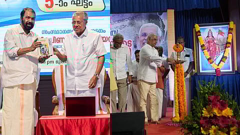 വി. ശിവന്കുട്ടിയും പിണറായി വിജയനും (ഇടത്), രാജേന്ദ്ര അർലേക്കർ (വലത്)