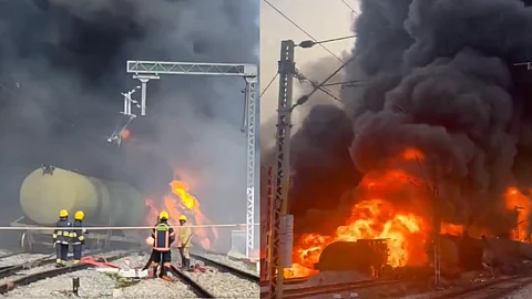 Massive Fire Erupts On Goods Train