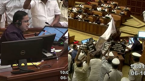 സഭയില് സപീക്കറുടെ കാഴ്ച മറച്ച് ബാനറുയര്ത്തി പ്രതിപക്ഷ പ്രതിഷേധം; എന്ത് ഗ്രൗണ്ടിലാണ് സഭ തടസപ്പെടുത്തുന്നതെന്ന് എ.എന്. ഷംസീര്