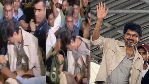 ആരാധകര് വളഞ്ഞു; എയര്പോര്ട്ടില് കാല്തെറ്റി വീണ് വിജയ്