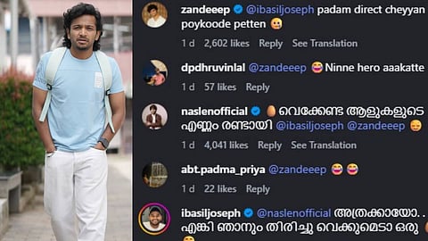 മുട്ട വെക്കേണ്ട ആളുകളുടെ എണ്ണം രണ്ടായെന്ന് നസ്ലെൻ, പടം സംവിധാനം ചെയ്യാൻ പൊയ്ക്കൂടെയെന്ന് സന്ദീപ്;
ബേസിലിൻ്റെ 'അതിരടി' ലുക്ക് ഫോട്ടോയ്ക്ക് താഴെ കമൻ്റുകളുമായി യുവതാരങ്ങൾ