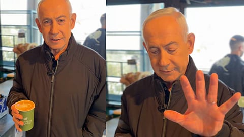 "വേണമെങ്കിൽ വിരലുകൾ എണ്ണിക്കോളൂ"; മരണ വാർത്തകൾക്കിടെ കോഫി കുടിക്കുന്ന വീഡിയോ പങ്കുവച്ച് നെതന്യാഹു