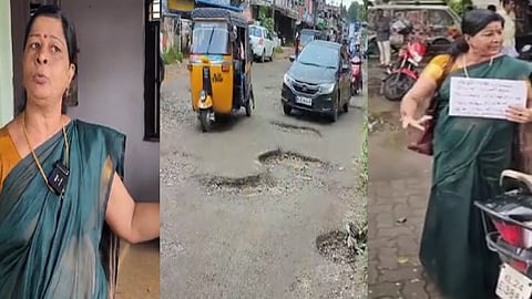 റോഡിലെ കുഴിയടക്കണം; കെ.എൻ. ബാലഗോപാലനെതിരെ ഒറ്റയാൾ പ്രതിഷേധവുമായി യുവതി