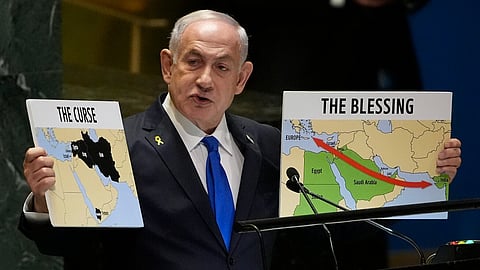 ഐക്യരാഷ്ട്രസഭയിൽ 'ശാപവും അനുഗ്രഹവുമായ' രാജ്യങ്ങളുടെ ഭൂപടം പ്രദർശിപ്പിച്ച് നെതന്യാഹു; ഇന്ത്യ അനുഗ്രഹം, പലസ്തീനെ പൂർണമായും ഒഴിവാക്കി