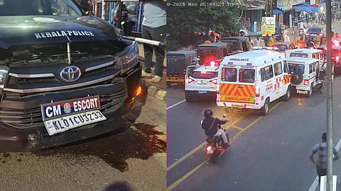 സ്കൂട്ടര് യാത്രക്കാരിയെ ഇടിക്കാതിരിക്കാന് പൈലറ്റ് വാഹനം ബ്രേക്കിട്ടു; മുഖ്യമന്ത്രിയുടെ വാഹനവ്യൂഹത്തില് കൂട്ടയിടി