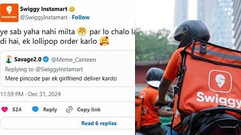 ഇൻസ്റ്റാമാർട്ടിൽ ഗേൾഫ്രണ്ടിനെ കിട്ടുമോയെന്ന് യുവാവ്; അതൊന്നും സ്റ്റോക്കില്ല ഒരു ലോലിപോപ്പ് എടുക്കട്ടെയെന്ന് സ്വിഗ്ഗി