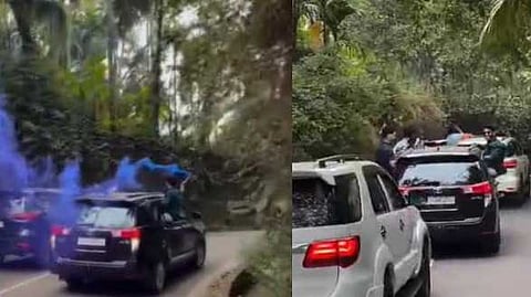 കാറിൻ്റെ ഡോറിൽ ഇരുന്നും, പടക്കം പൊട്ടിച്ചും അപകടയാത്ര നടത്തി റീല്സ് ചിത്രീകരണം; വിവാഹസംഘത്തിൽ വാഹനം ഓടിച്ച 7 പേർ പിടിയിൽ