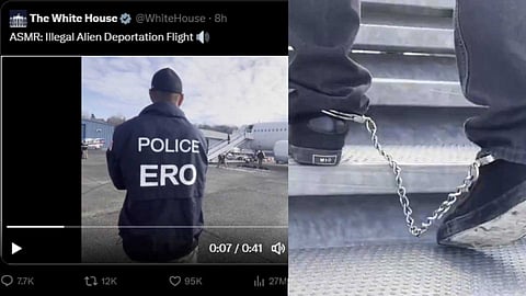 കുടിയേക്കാരെ ചങ്ങലകളില് ബന്ധിക്കുന്ന ദൃശ്യങ്ങള് പുറത്തുവിട്ട് വൈറ്റ് ഹൗസ്; നാടുകടത്തലിൻ്റെ ASMR വീഡിയോ എന്ന് അടിക്കുറിപ്പ്