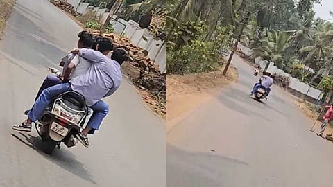 നാല് പേർ ഹെൽമറ്റില്ലാതെ ഒരു സ്കൂട്ടറിൽ; കോഴിക്കോട് വിദ്യാർഥികൾ നടത്തിയ അപകടയാത്രയുടെ ദൃശ്യങ്ങൾ ന്യൂസ് മലയാളത്തിന്