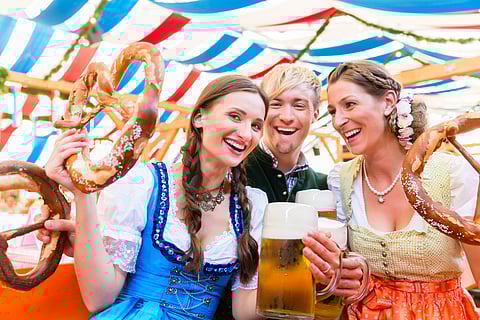 Visitors in a beer tent at Oktoberfest