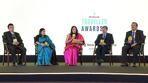 Outlook Traveller Editor Anindita Ghosh moderated a panel on Creating New Destinations with (left to right:) K Mehboob Ali Khan, Secretary Tourism & Culture- Administration of UT of Ladakh, Gayatri Rathore, Principal Secretary- Rajasthan Tourism, Sheo Shekhar Shukla, Principal Secretary and MD, Madhya Pradesh Tourism Board, and Nalin Srivastava, Deputy Director General, National Mission For Clean Ganga