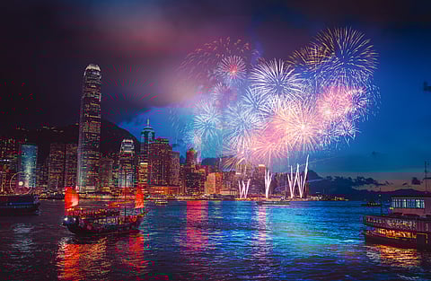 Firework show over Victoria Harbor, Hong Kong
