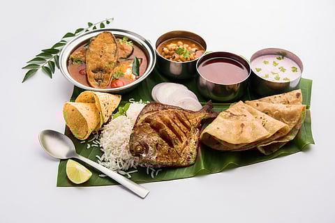 A typical thali at a local khanaval in the Konkan belt
