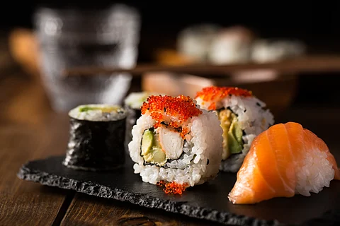 Maki sushi is made of rice that has been vinegared on the inside and nori (seaweed) on the outside