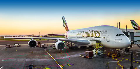 An Emirates Airbus stands in London