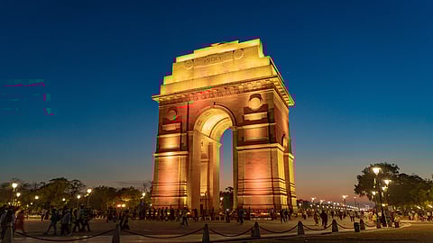 India Gate lit up in the evening, New Delhi