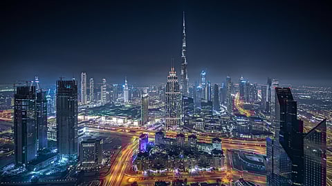An aerial view of towers in Dubai's downtown skyline