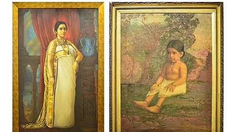 Two portraits depict Maharani Sethu Lakshmi Bayi: one on the left captures her as an adult, while the unseen painting on the right portrays her in her childhood years